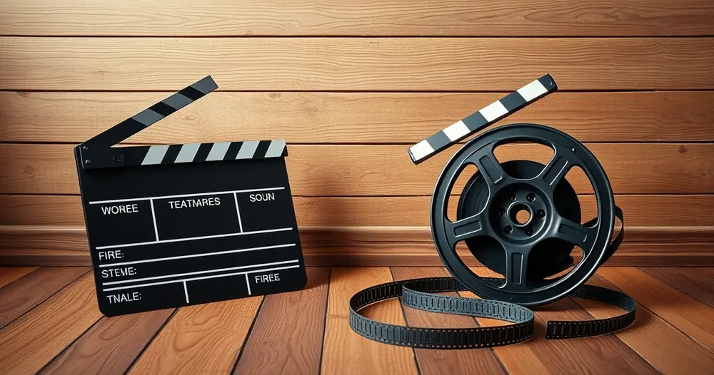 claquete e rolo de filme sobre piso de madeira de estúdio